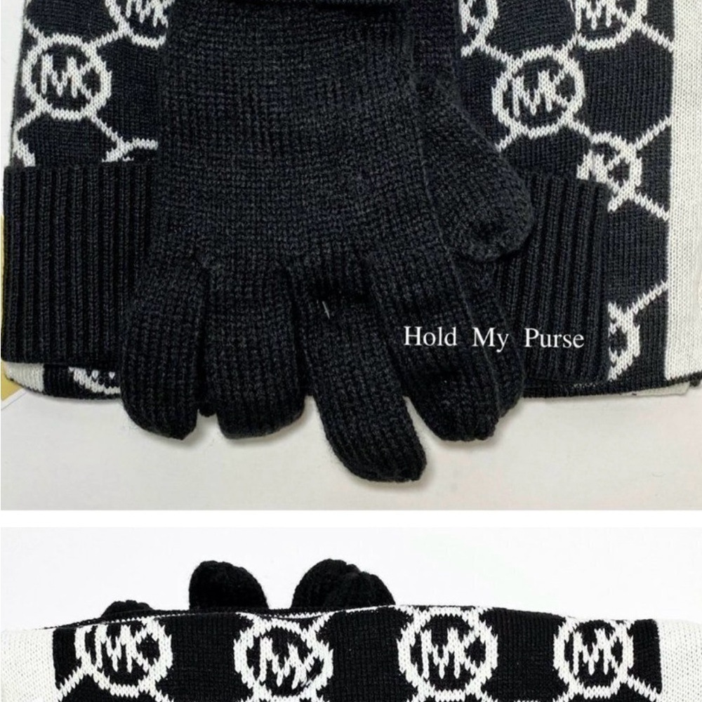 MICHAEL KORS BLACK/ WHITE 3 PIECE SCARF HAT & GLOVES SET - Picture 2 of 11